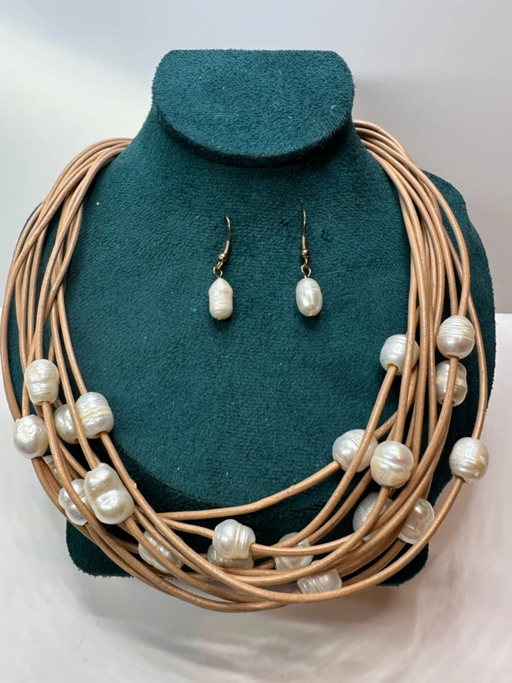 Genuine Pearls And Leather Multi Strand Bib Necklace With Pearl Earrings - Picture 8 of 8